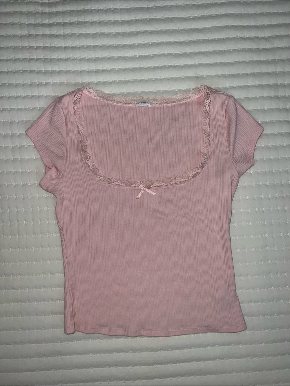 Garage Women's Pink Lace-Trim Square Neck Ribbed Top